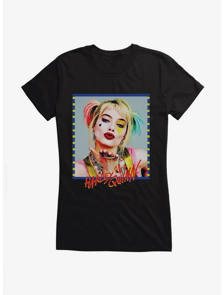 Brand new ⭐ DC Comics Birds Of Prey Harley Quinn Kiss Face 👧 Girls Black T-Shirt 😀 - Image 2