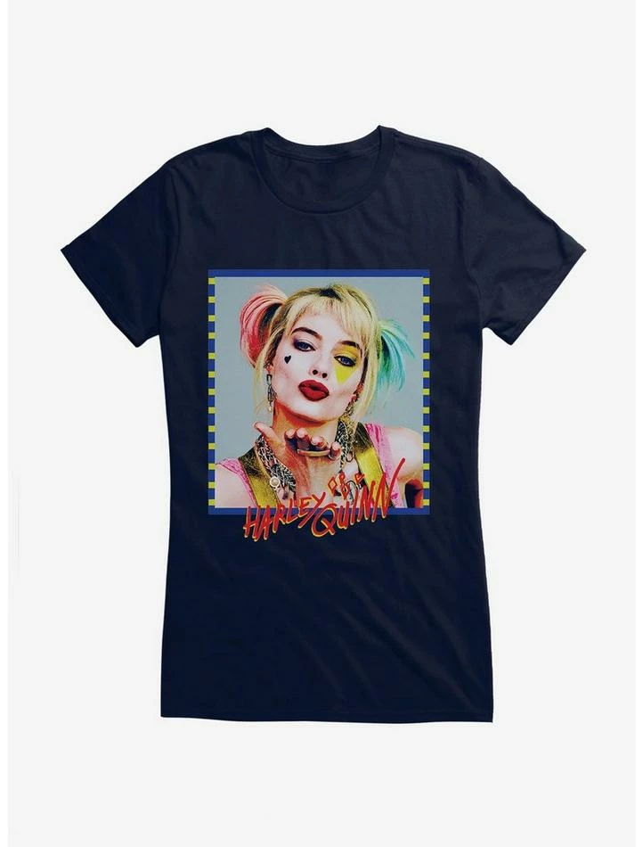 Brand new ⭐ DC Comics Birds Of Prey Harley Quinn Kiss Face 👧 Girls Black T-Shirt 😀